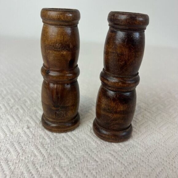 Vintage Carved Handmade Wooden Pair Two 2 MCM Boho Candle Holders Brown Retro - Picture 1 of 10
